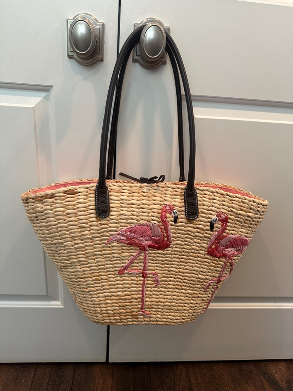 J. Crew Straw Tote with Pink Flamingo Embroidery and Brown Handles
